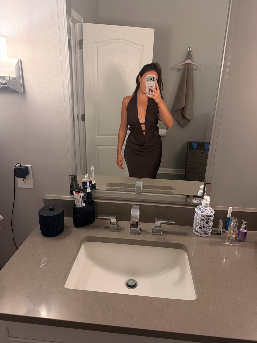 Plunge Halter Maxi Dress in Deep Brown